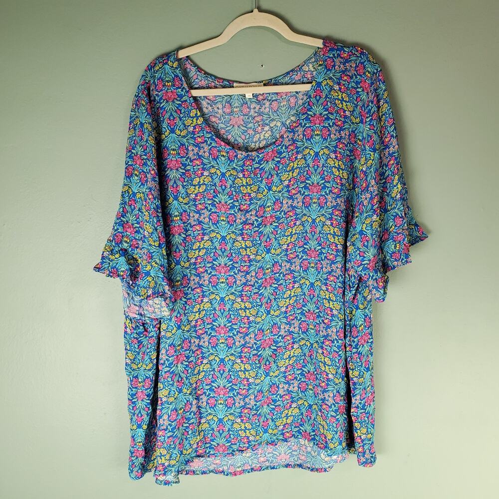 Cynthia Rowley Womens Blue Pink Floral Ruffle Short Sleeve Blouse Top Size 3X